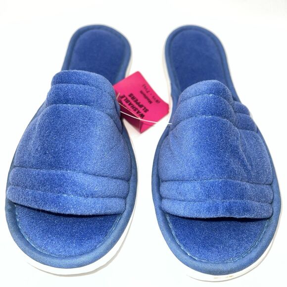 VTG Love Mates Velvety Blue Open Toe Flat 1970s Slip-On House Shoes-Washable-NOS - Picture 1 of 7